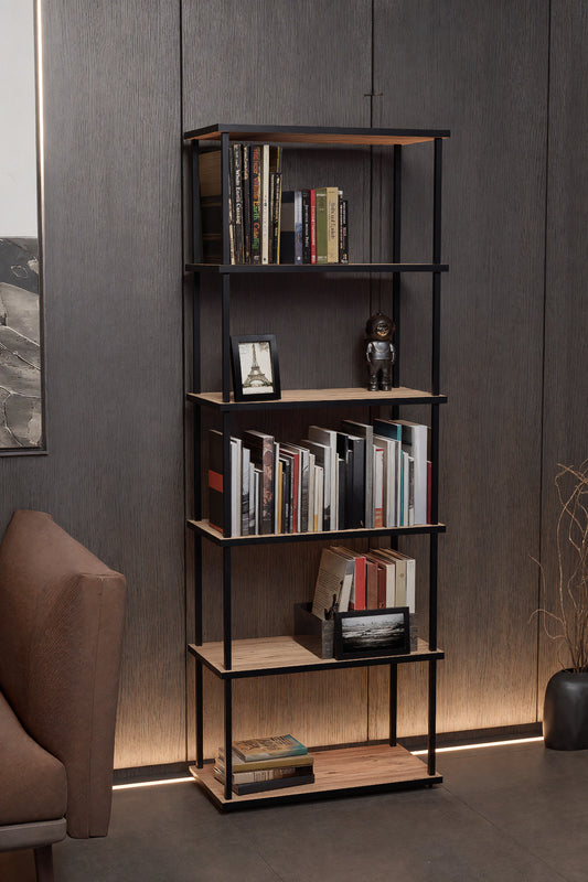 KODIGU 6 Raflı Kitaplık - Kitaplık - 60cm x 30cm x 160cm Kitaplık - Çevir Kur Kitaplık Çam Siyah