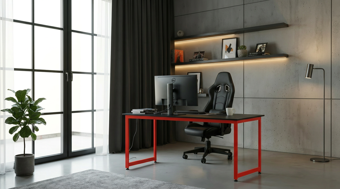KODIGU 160x60 Kırmızı Demir Ayaklı OYUNCU MASASI | Oyuncu masası | Çalışma Masası