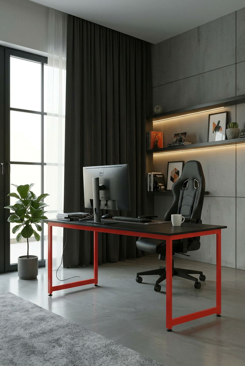 KODIGU 160x60 Kırmızı Demir Ayaklı OYUNCU MASASI | Oyuncu masası | Çalışma Masası