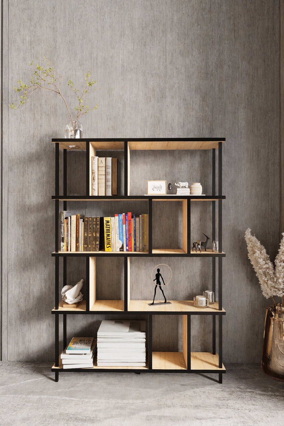 KODIGU 5 Raflı Kitaplık - Kitaplık - 130cm x 90cm x 30cm Kitaplık - Çevir Kur Kitaplık | Kitaplık Meşe Siyah