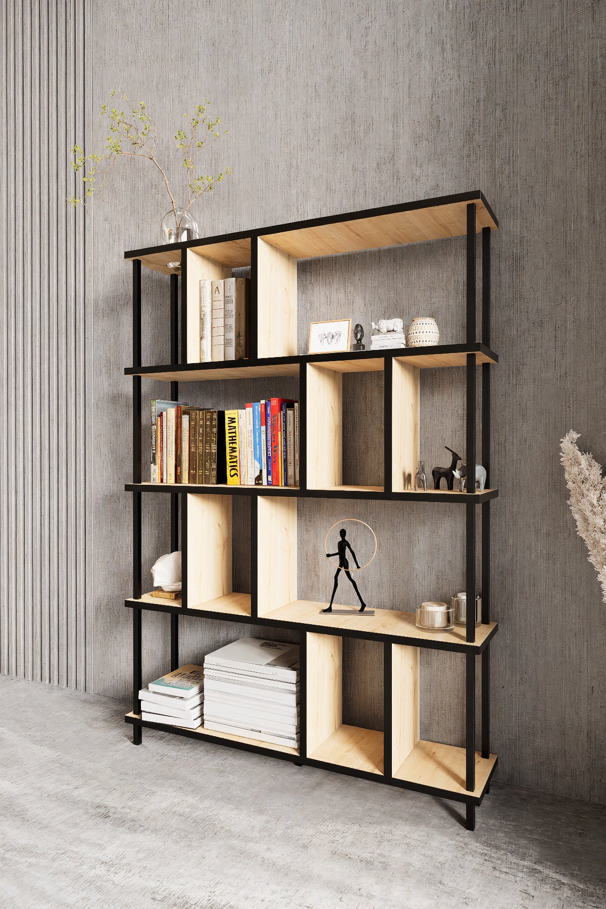 KODIGU 5 Raflı Kitaplık - Kitaplık - 130cm x 90cm x 30cm Kitaplık - Çevir Kur Kitaplık | Kitaplık Meşe Siyah