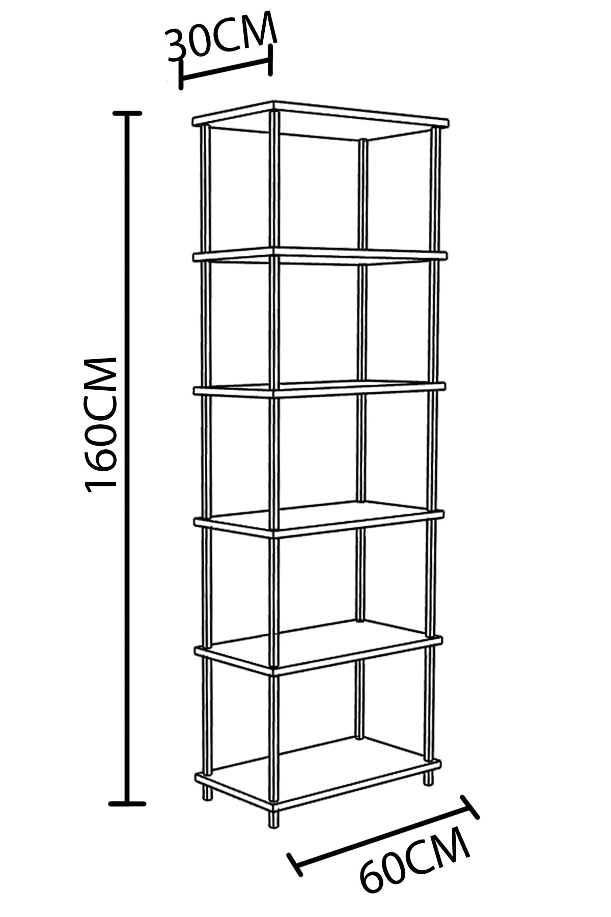 KODIGU 6 Raflı Kitaplık - Kitaplık - 60cm x 30cm x 160cm Kitaplık - Çevir Kur Kitaplık Siyah