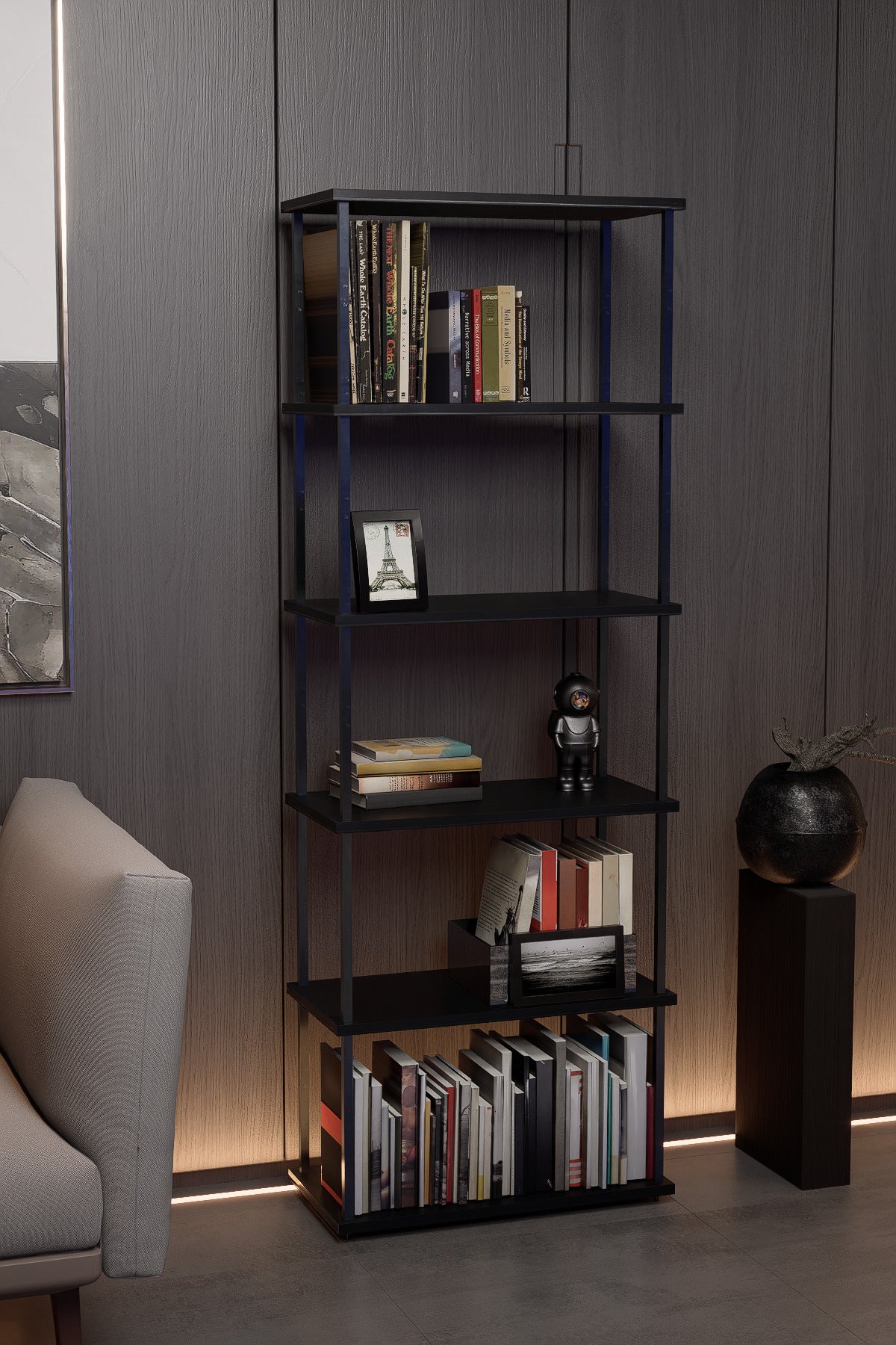 KODIGU 6 Raflı Kitaplık - Kitaplık - 60cm x 30cm x 160cm Kitaplık - Çevir Kur Kitaplık Siyah